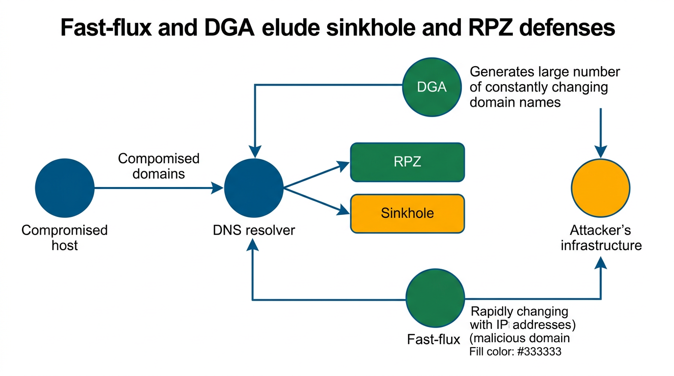 Diagramma: Fast-flux + DGA eludono sinkhole e RPZ