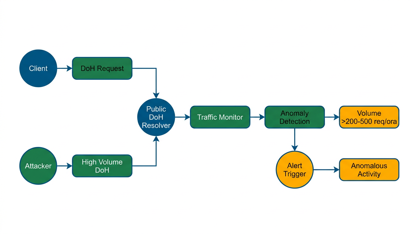 Diagramma: Volume >200-500 req/ora verso resolver DoH pubblici è anomalo