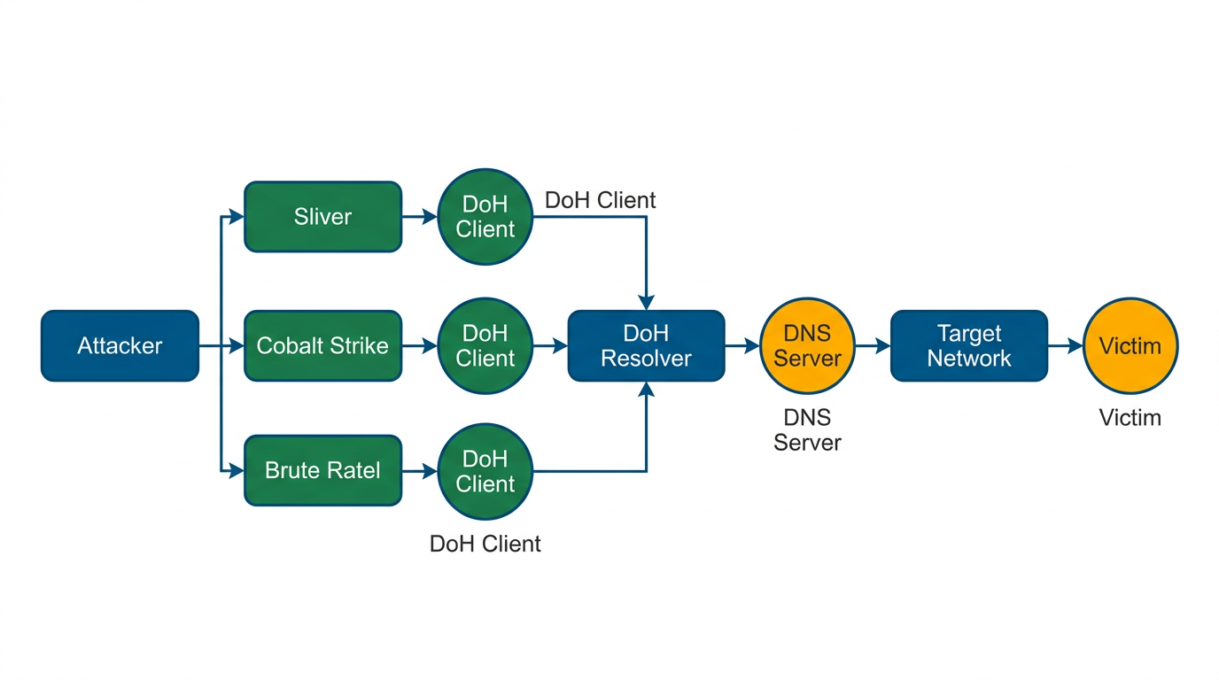 Diagramma: Tool moderni (Sliver, Cobalt Strike, Brute Ratel) supportano DoH nativamente