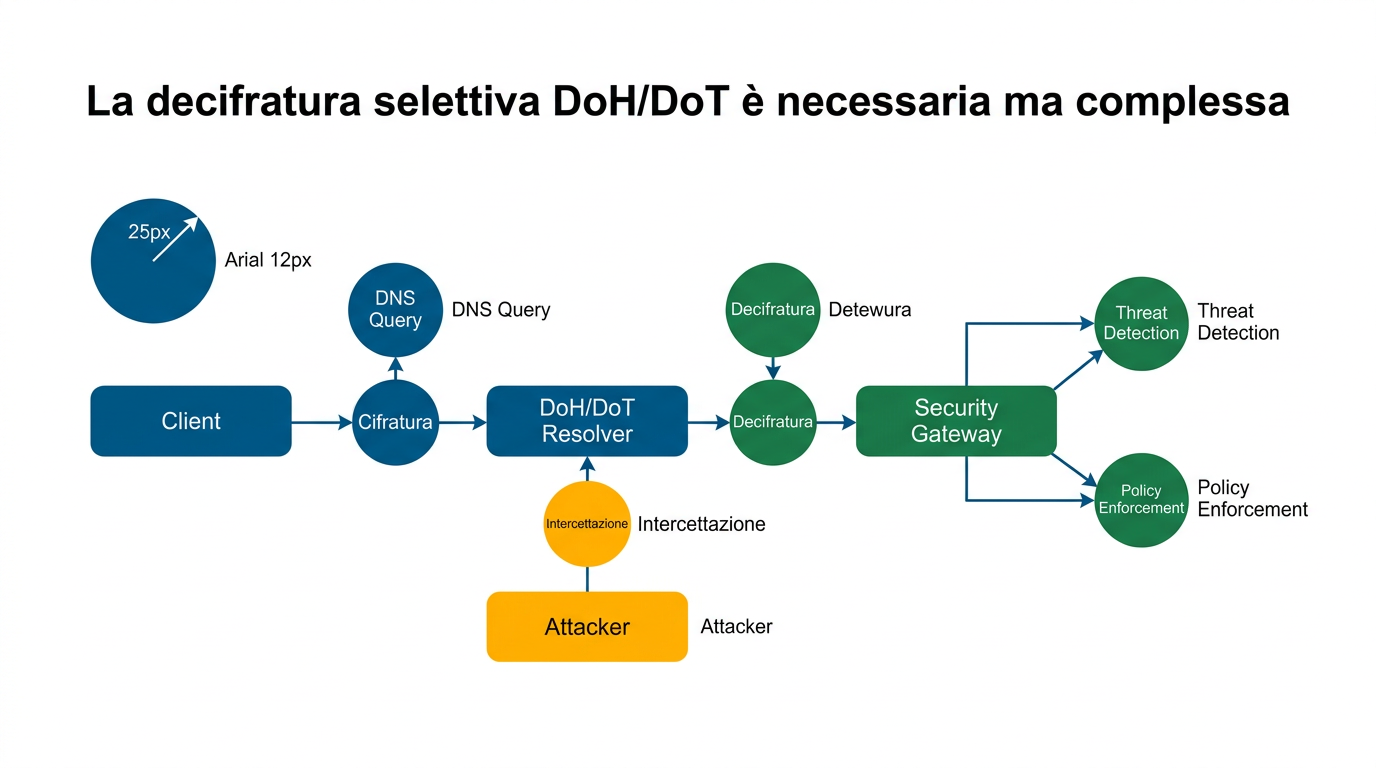 Diagramma: La decifratura selettiva DoH/DoT è necessaria ma complessa