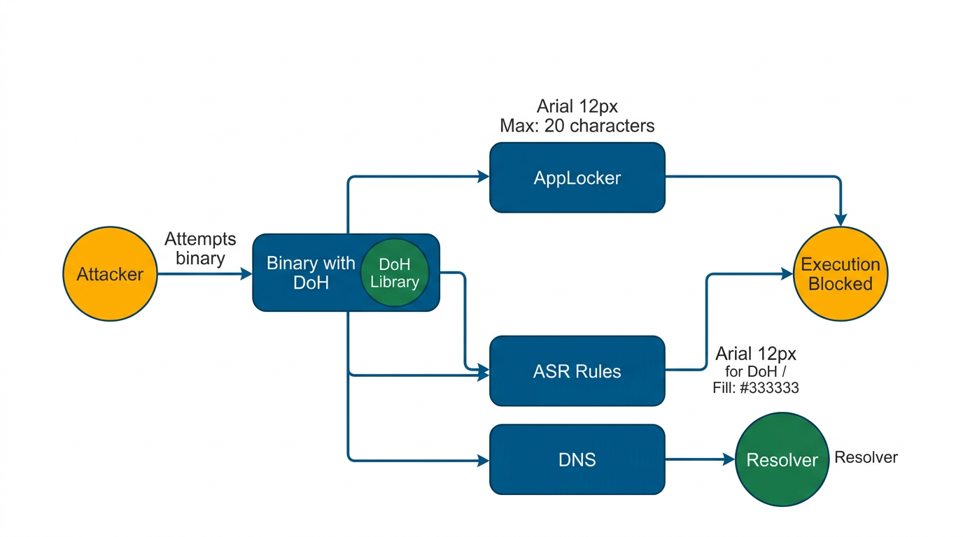 Diagramma: AppLocker e ASR rules bloccano binari con librerie DoH