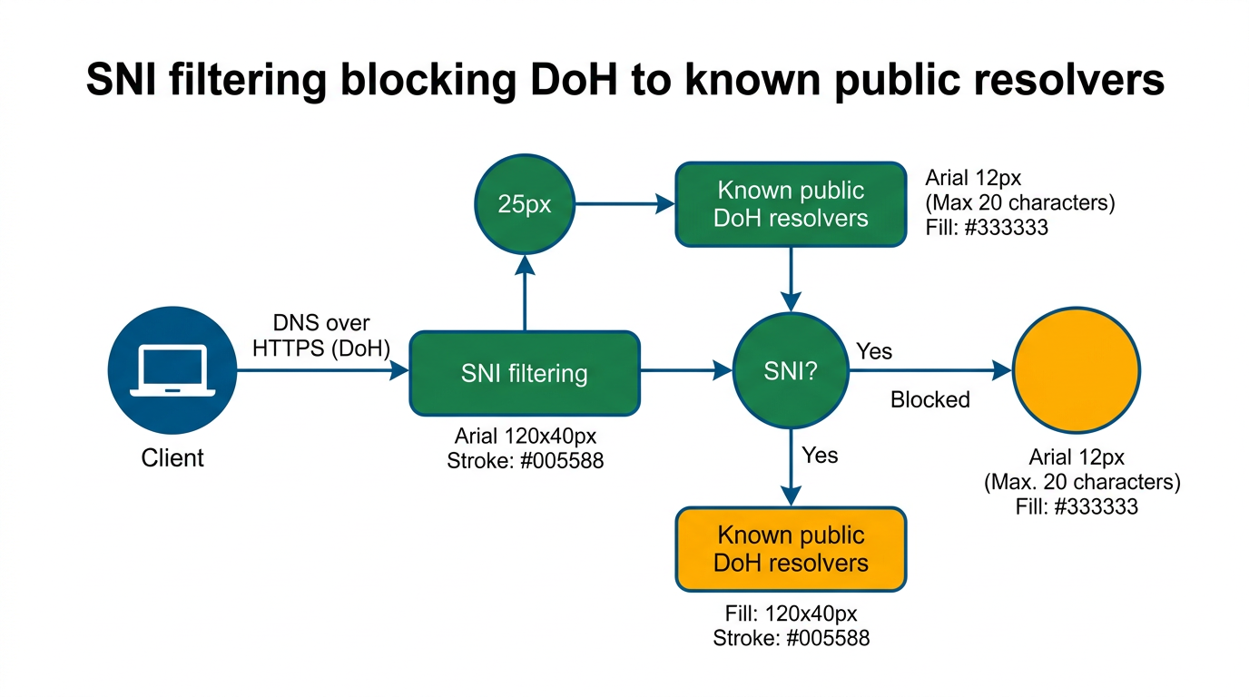 Diagramma: SNI filtering blocca DoH verso resolver pubblici noti